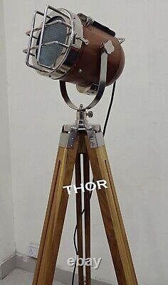 Nautical Collectible Vintage Copper Spotlight with Wooden Natural Tripod stand