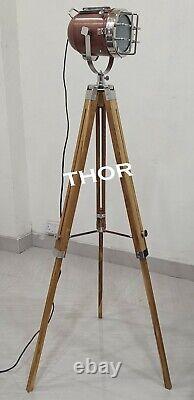 Nautical Collectible Vintage Copper Spotlight with Wooden Natural Tripod stand