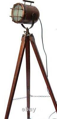 Nautical Copper Antique Vintage Maritime Floor Lamp with Wooden Tripod Brown
