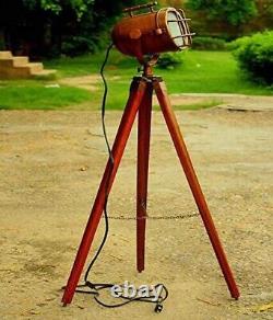Nautical Copper Antique Vintage Maritime Floor Lamp with Wooden Tripod Brown
