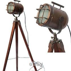 Nautical Copper Antique Vintage Maritime Floor Lamp with Wooden Tripod Brown