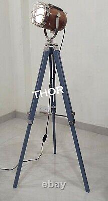 Nautical Copper Collectible Vintage Spotlight with Wooden Gray Tripod stand