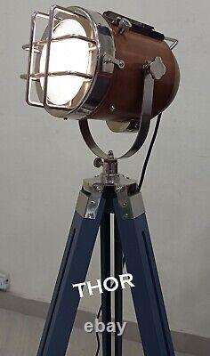Nautical Copper Collectible Vintage Spotlight with Wooden Gray Tripod stand