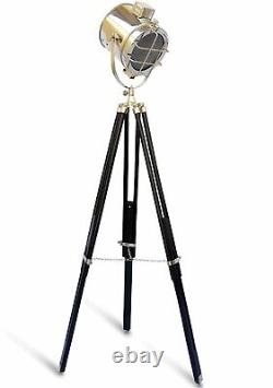 Nautical Floor Lamp Chrome Spotlight Vintage Wooden Tripod lamp Living Room lamp