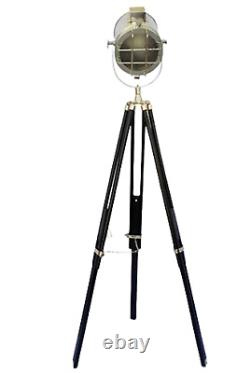 Nautical Floor Lamp Chrome Spotlight Vintage Wooden Tripod lamp Living Room lamp