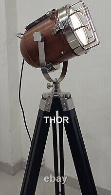 Nautical Floor Lamp Copper Spotlight with Vintage Wooden Black Tripod stand