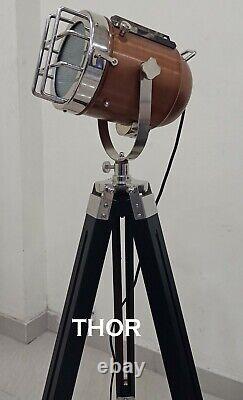 Nautical Floor Lamp Copper Spotlight with Vintage Wooden Black Tripod stand