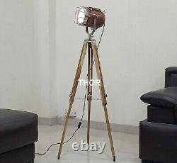 Nautical Floor Lamp Copper Spotlight with Vintage Wooden Natural Tripod stand