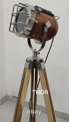 Nautical Floor Lamp Copper Spotlight with Vintage Wooden Natural Tripod stand