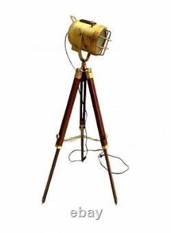Nautical Floor Lamp Searchlight Vintage Spotlight Wooden Tripod Stand Room Decor