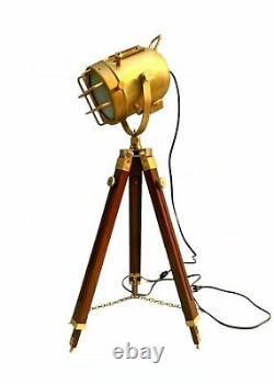 Nautical Floor Lamp Searchlight Vintage Spotlight Wooden Tripod Stand Room Decor