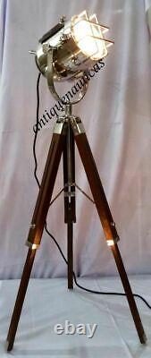 Nautical Floor Lamp With Adjustable Wooden Tripod Stand vintage Spot Light Decor