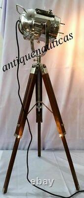 Nautical Floor Lamp With Adjustable Wooden Tripod Stand vintage Spot Light Decor