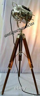 Nautical Floor Lamp With Adjustable Wooden Tripod Stand vintage Spot Light Decor