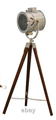 Nautical Floor Lamps Chrome Spotlight Vintage Wooden Tripod Standing Lamp Light