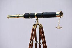 Nautical Floor Standing 39 Inch Brass Telescope With Wooden Tripod Stand