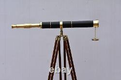 Nautical Floor Standing 39 Inch Brass Telescope With Wooden Tripod Stand