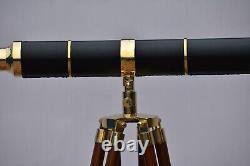 Nautical Floor Standing 39 Inch Brass Telescope With Wooden Tripod Stand