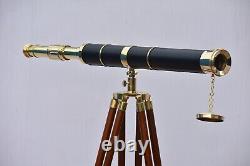 Nautical Floor Standing 39 Inch Brass Telescope With Wooden Tripod Stand