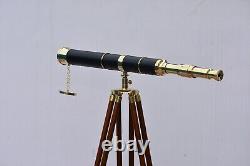 Nautical Floor Standing 39 Inch Brass Telescope With Wooden Tripod Stand