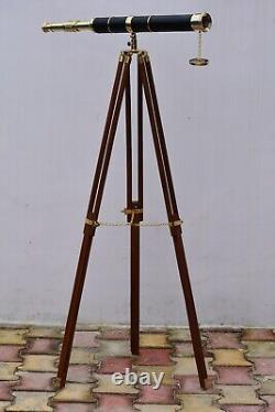 Nautical Floor Standing 39 Inch Brass Telescope With Wooden Tripod Stand