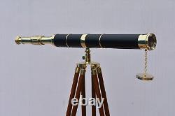 Nautical Floor Standing 39 Inch Brass Telescope With Wooden Tripod Stand