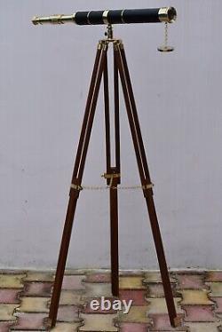 Nautical Floor Standing 39 Inch Brass Telescope With Wooden Tripod Stand