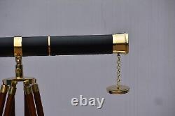 Nautical Floor Standing 39 Inch Brass Telescope With Wooden Tripod Stand
