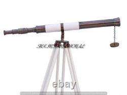 Nautical Floor Standing Antique Brass 39 Inch Telescope With Wooden Tripod Stand