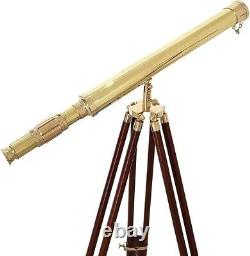 Nautical Hand-Made Brass Telescope WIth Wooden Adjustablle Tripod Stand In Shin