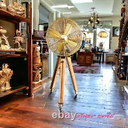 Nautical Handmade Brown Antique Floor Fan Tripod Wooden Tripod Stand Adjustable