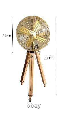 Nautical Handmade Brown Antique Floor Fan Tripod Wooden Tripod Stand Adjustable