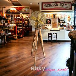 Nautical Handmade Brown Antique Floor Fan Tripod Wooden Tripod Stand Adjustable