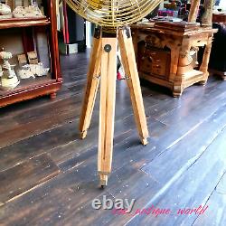 Nautical Handmade Brown Antique Floor Fan Tripod Wooden Tripod Stand Adjustable