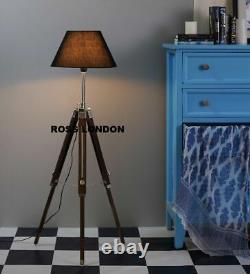 Nautical Handmade Vintage Wooden Lamp Tripod Chrome Decor Lamp Shade Floor Stand