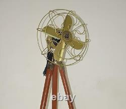 Nautical Handmade brass Antique Floor Fan with Tripod Wooden Stand Adjustable