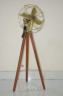 Nautical Handmade brass Antique Floor Fan with Tripod Wooden Stand Adjustable