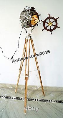 Nautical Industrial Chrome Vintage Spotlight Wooden Tripod Stand Floor Lamp Gift