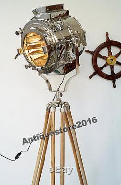 Nautical Industrial Chrome Vintage Spotlight Wooden Tripod Stand Floor Lamp Gift