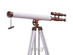 Nautical Leather White Telescope 39 Inch With Wooden Tripod Stand Vintage Decor
