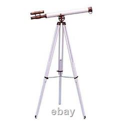 Nautical Leather White Telescope 39 Inch With Wooden Tripod Stand Vintage Decor