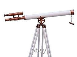 Nautical Leather White Telescope 39 Inch With Wooden Tripod Stand Vintage Decor