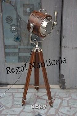 Nautical Marine LED Searchlight Vintage Wood Light Lobby Tripod Floor Lamp Spot