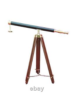 Nautical Maritime Brass Leather Antique Telescope 40 with Wooden Tripod Stand