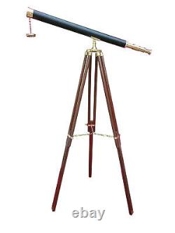 Nautical Maritime Brass Leather Antique Telescope 40 with Wooden Tripod Stand