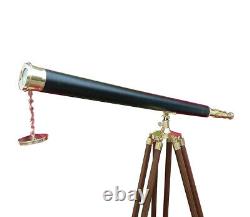 Nautical Maritime Brass Leather Antique Telescope 40 with Wooden Tripod Stand D