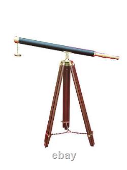 Nautical Maritime Brass Leather Antique Telescope 40 with Wooden Tripod Stand D