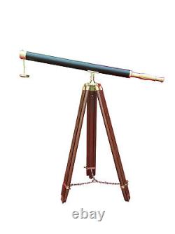 Nautical Maritime Brass Leather Antique Telescope with Wooden Tripod Stand D