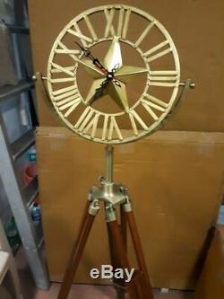 Nautical Metal Gold Clock Wood Tripod Modern Vintage Antique Style Art Decor