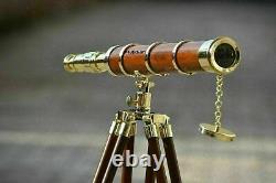 Nautical New Antique Brass Marine Telescope with Brown Wooden Tripod Stand Décor